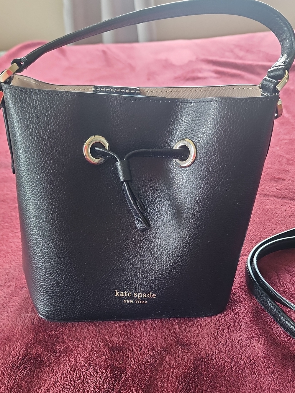 kate spade Black Leather Drawstring Bucket Shoulder Bag with Gold Hardware